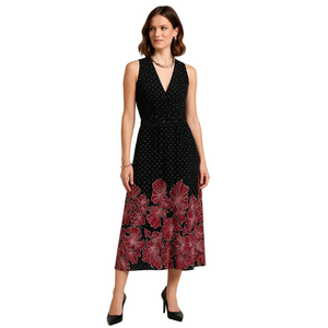 43 NWOT Vintage Evan Picone Fit Size 8 Maxi Sleeveless Dress Black Polka Dot Red